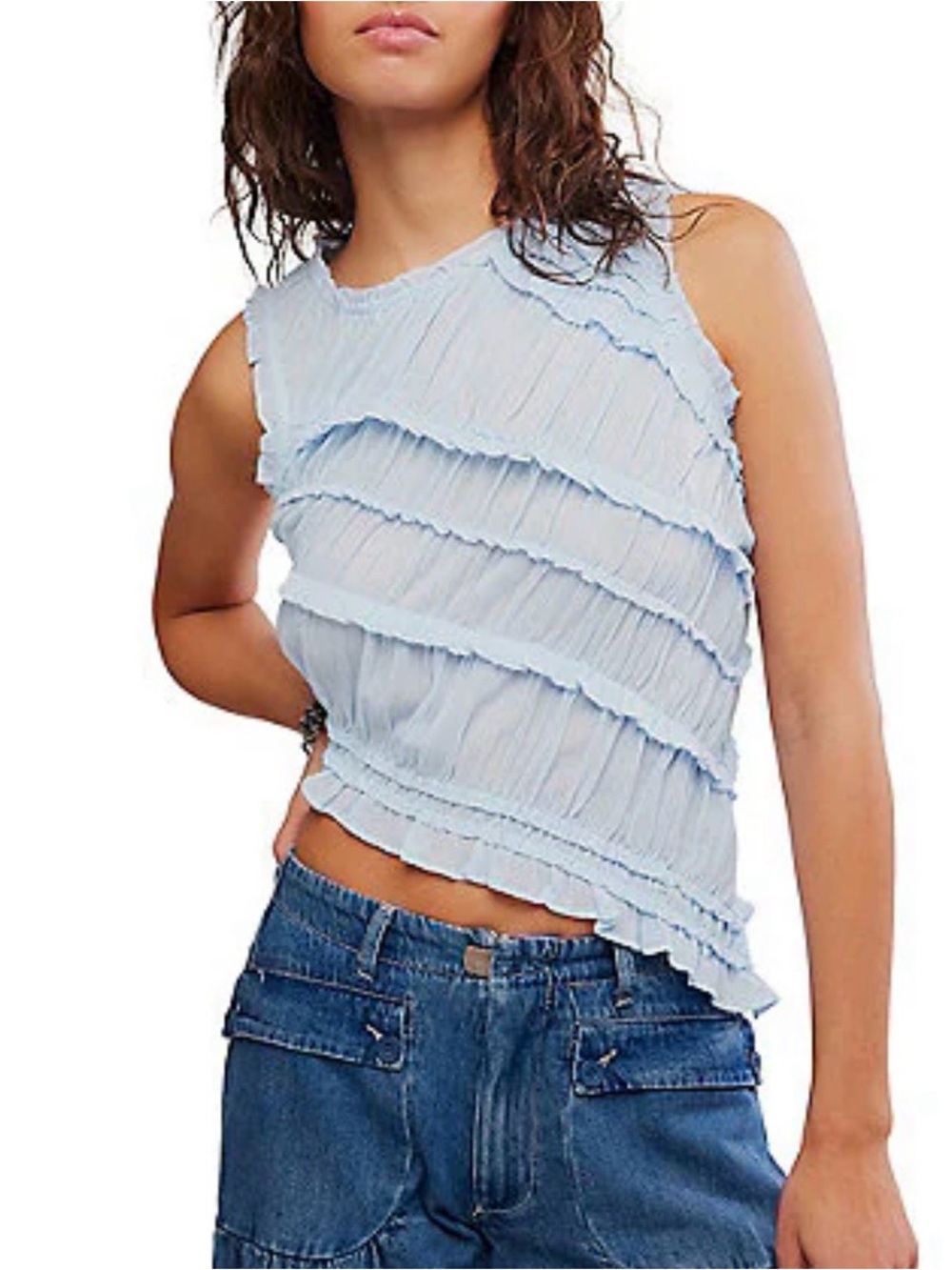 Light Blue Ruffled Sleeveless Top